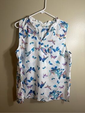 Talbots XL Butterfly Print Sleeveless Cotton Popover Top